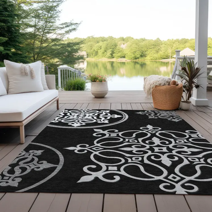 8' X 10' Black Floral Medallion Washable Indoor Outdoor Area Rug