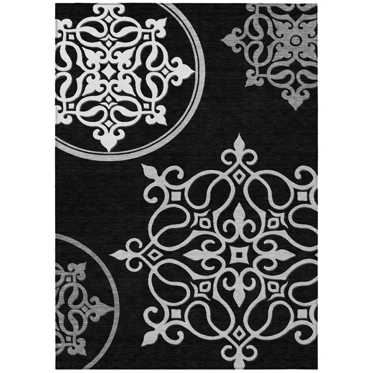 8' X 10' Black Floral Medallion Washable Indoor Outdoor Area Rug