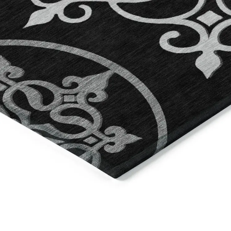8' X 10' Black Floral Medallion Washable Indoor Outdoor Area Rug