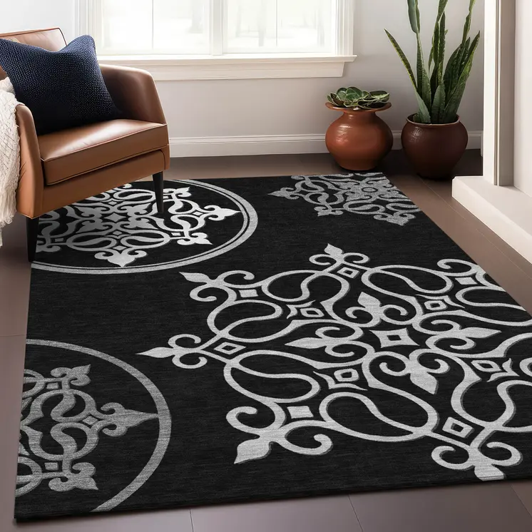 8' X 10' Black Floral Medallion Washable Indoor Outdoor Area Rug