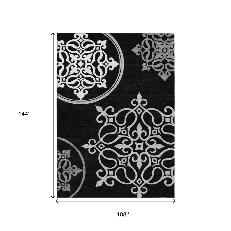 9' X 12' Black Floral Medallion Washable Indoor Outdoor Area Rug
