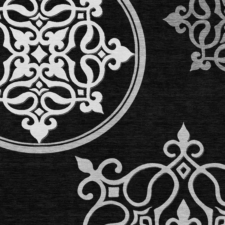 9' X 12' Black Floral Medallion Washable Indoor Outdoor Area Rug