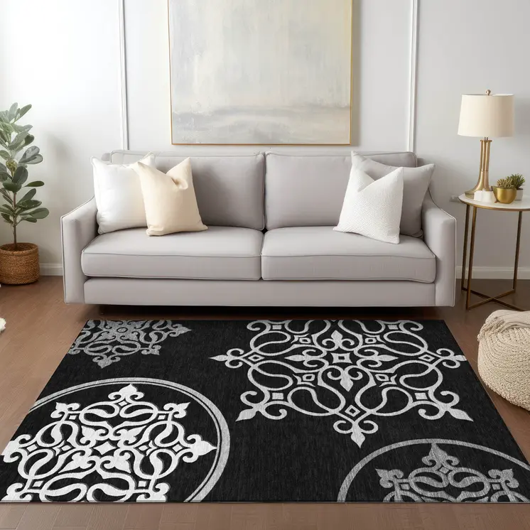 10' X 14' Black Floral Medallion Washable Indoor Outdoor Area Rug