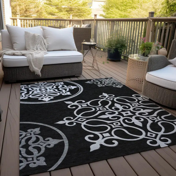 10' X 14' Black Floral Medallion Washable Indoor Outdoor Area Rug