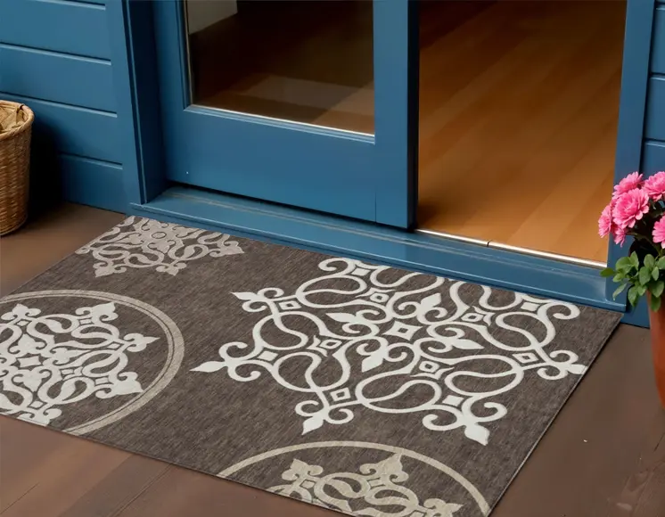 3' X 5' Chocolate Floral Medallion Washable Indoor Outdoor Area Rug
