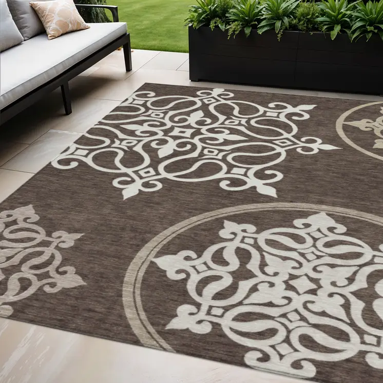 5' X 8' Chocolate Floral Medallion Washable Indoor Outdoor Area Rug
