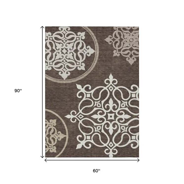 5' X 8' Chocolate Floral Medallion Washable Indoor Outdoor Area Rug