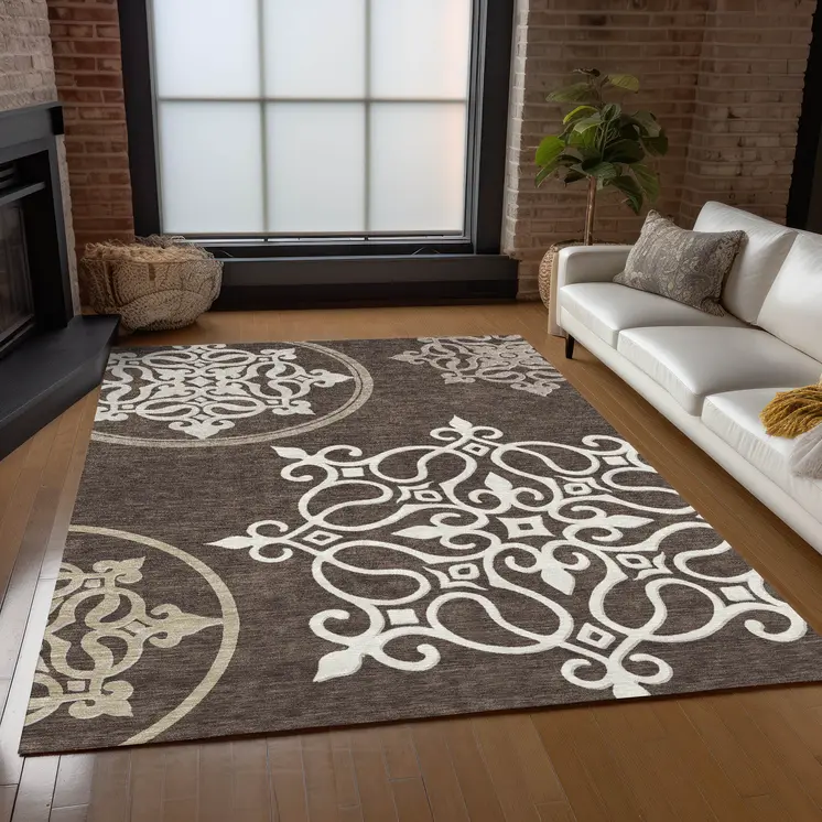 5' X 8' Chocolate Floral Medallion Washable Indoor Outdoor Area Rug
