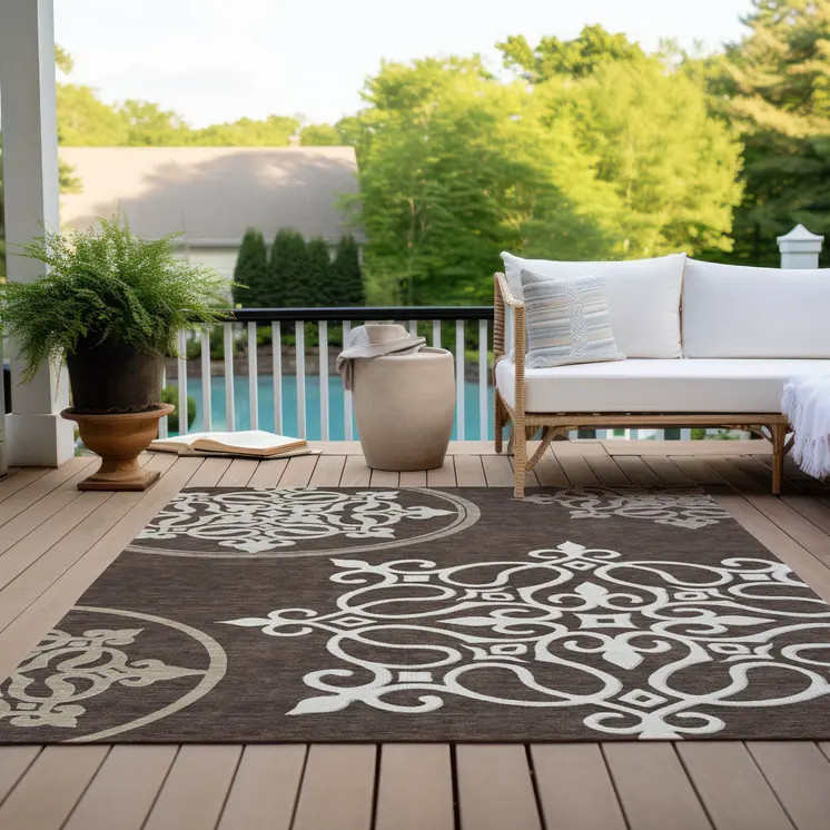 5' X 8' Chocolate Floral Medallion Washable Indoor Outdoor Area Rug