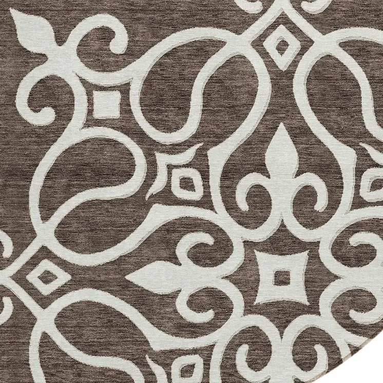 8' Chocolate Round Floral Medallion Washable Indoor Outdoor Area Rug