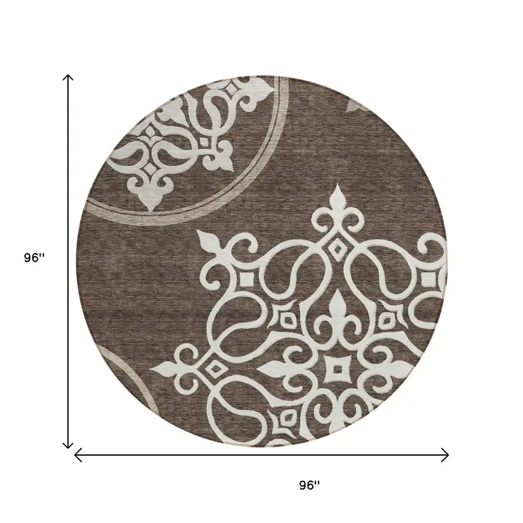 8' Chocolate Round Floral Medallion Washable Indoor Outdoor Area Rug