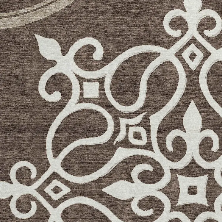 8' Chocolate Round Floral Medallion Washable Indoor Outdoor Area Rug