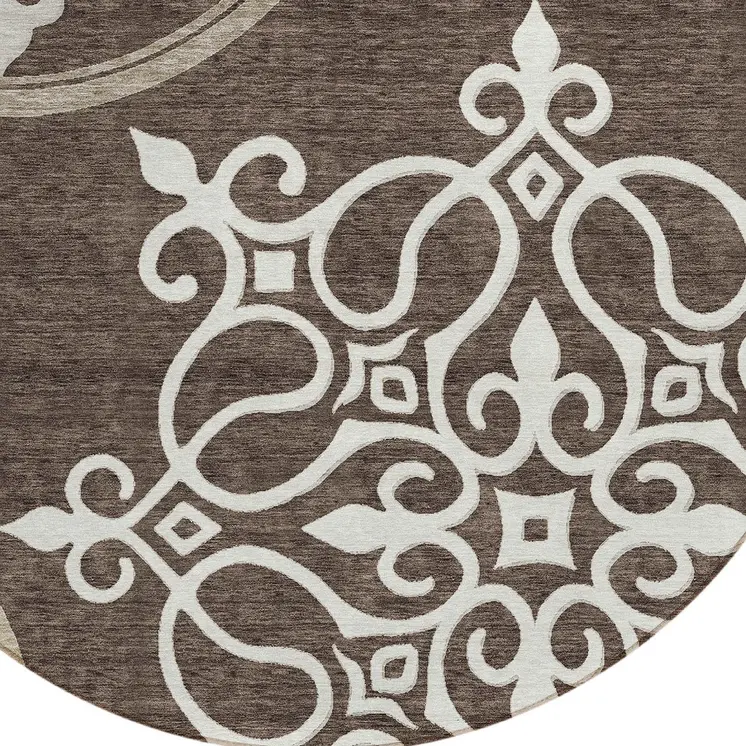 8' Chocolate Round Floral Medallion Washable Indoor Outdoor Area Rug