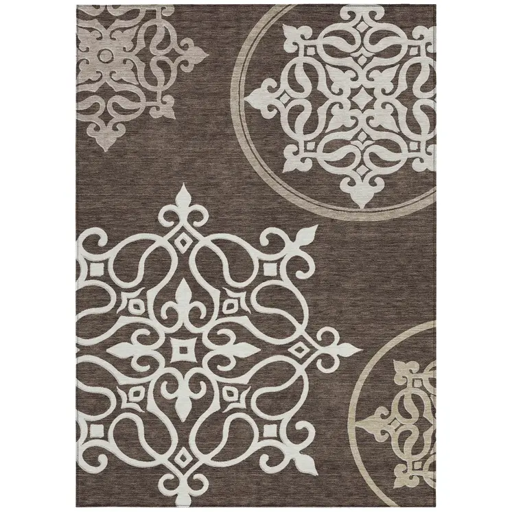 9' X 12' Chocolate Floral Medallion Washable Indoor Outdoor Area Rug