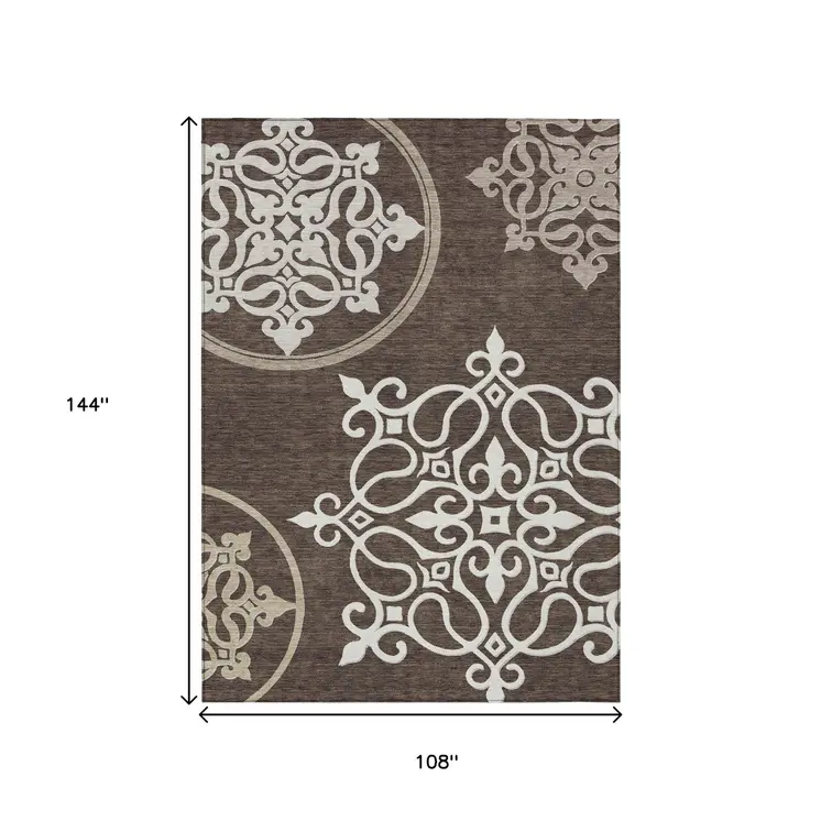 9' X 12' Chocolate Floral Medallion Washable Indoor Outdoor Area Rug