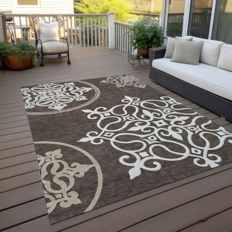 9' X 12' Chocolate Floral Medallion Washable Indoor Outdoor Area Rug