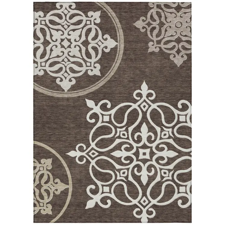 9' X 12' Chocolate Floral Medallion Washable Indoor Outdoor Area Rug