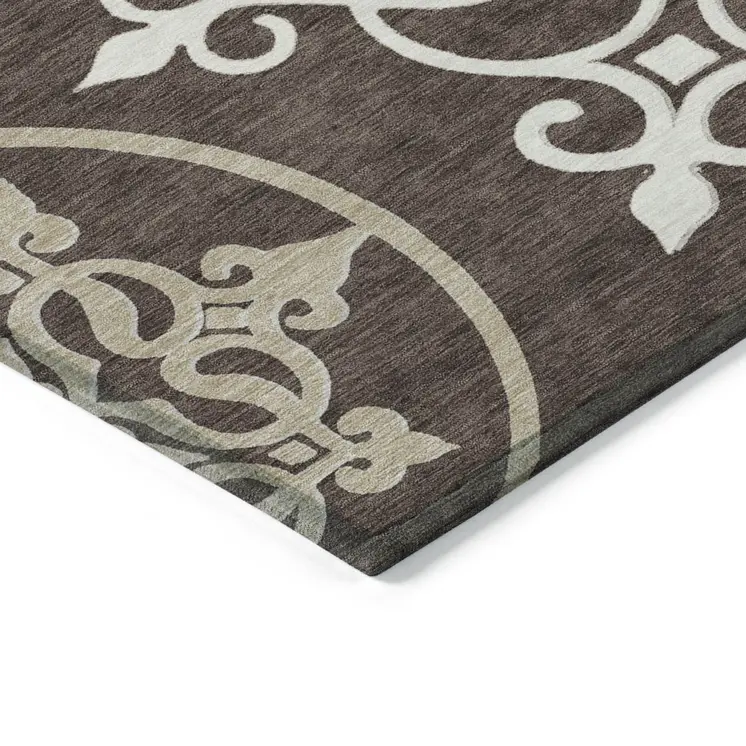 9' X 12' Chocolate Floral Medallion Washable Indoor Outdoor Area Rug