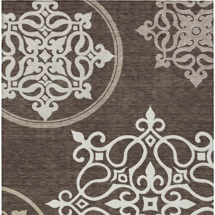 9' X 12' Chocolate Floral Medallion Washable Indoor Outdoor Area Rug