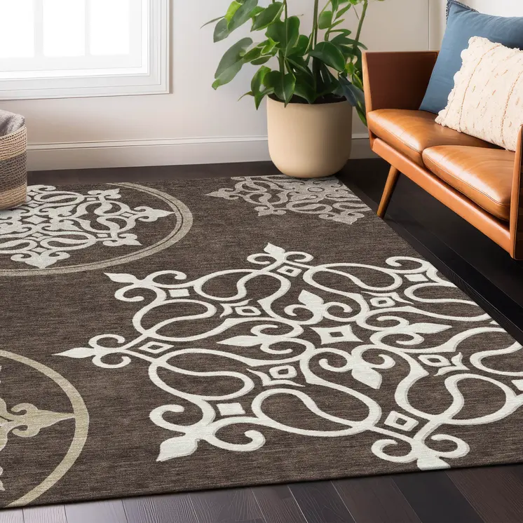 9' X 12' Chocolate Floral Medallion Washable Indoor Outdoor Area Rug