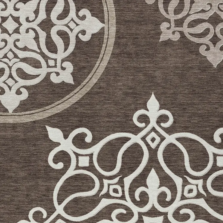 10' X 14' Chocolate Floral Medallion Washable Indoor Outdoor Area Rug