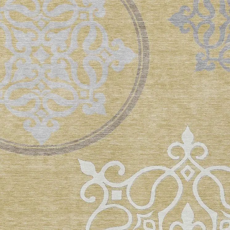 3' X 5' Gold Ivory And Gray Floral Medallion Washable Indoor Outdoor Area Rug