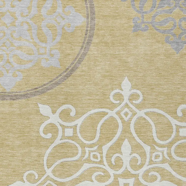 5' X 8' Gold Ivory And Gray Floral Medallion Washable Indoor Outdoor Area Rug