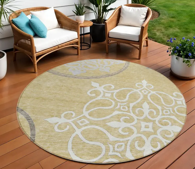 8' Gold Ivory And Gray Round Floral Medallion Washable Indoor Outdoor Area Rug