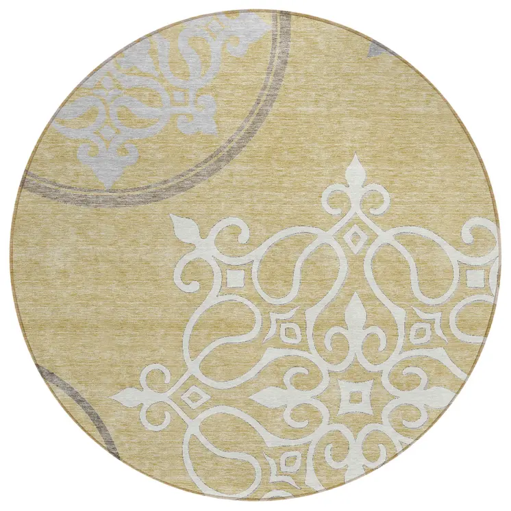 8' Gold Ivory And Gray Round Floral Medallion Washable Indoor Outdoor Area Rug