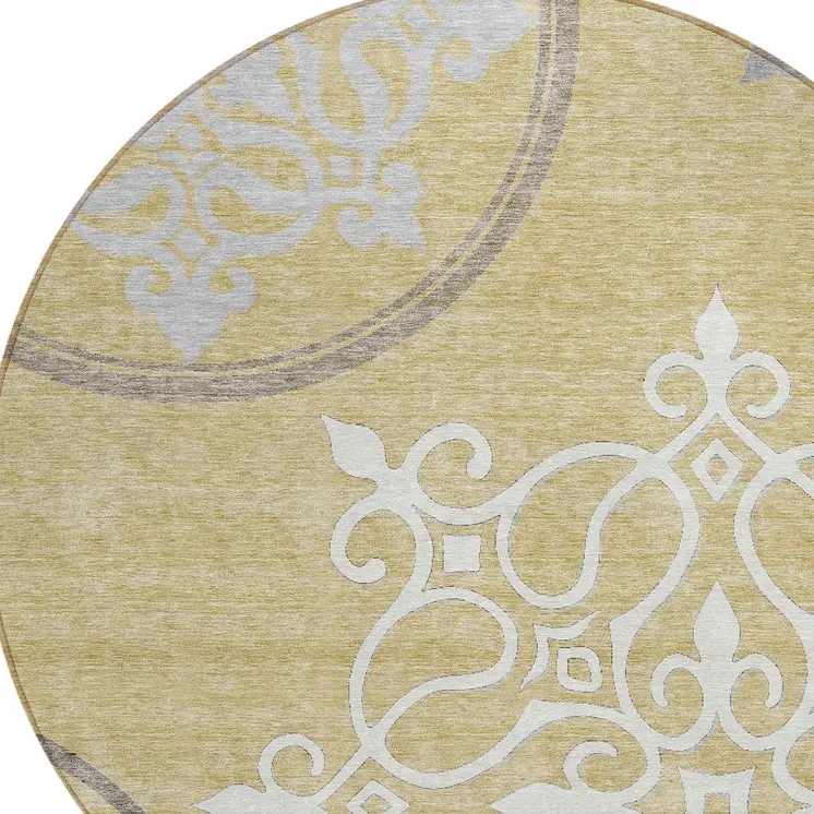 8' Gold Ivory And Gray Round Floral Medallion Washable Indoor Outdoor Area Rug