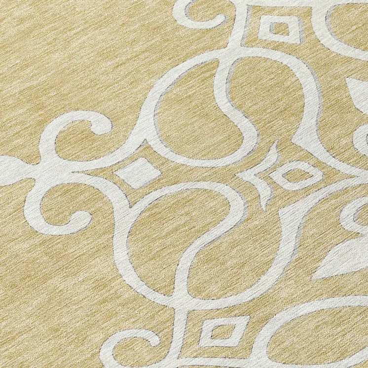 8' Gold Ivory And Gray Round Floral Medallion Washable Indoor Outdoor Area Rug