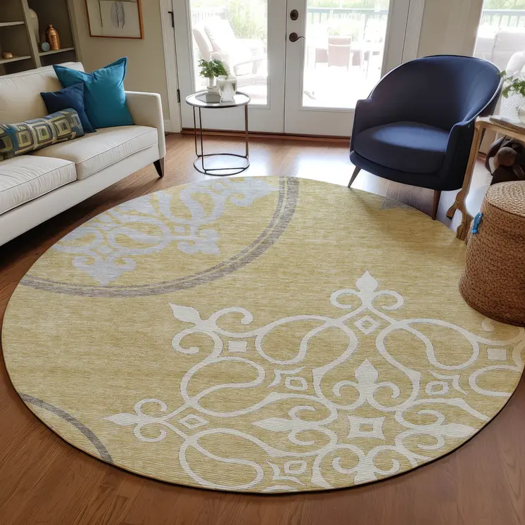 8' Gold Ivory And Gray Round Floral Medallion Washable Indoor Outdoor Area Rug