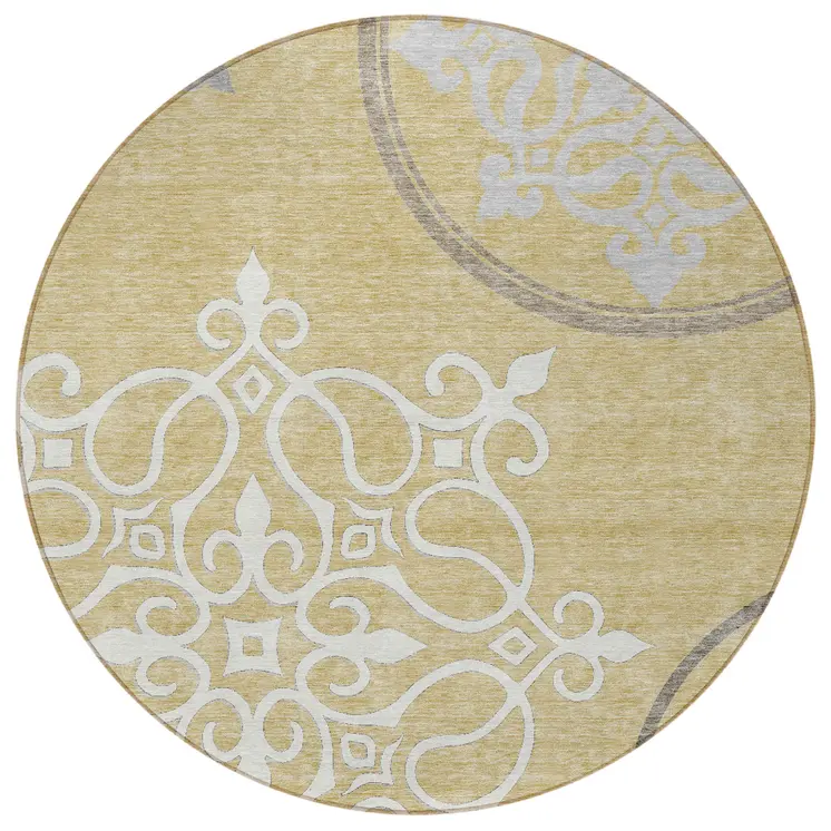 8' Gold Ivory And Gray Round Floral Medallion Washable Indoor Outdoor Area Rug