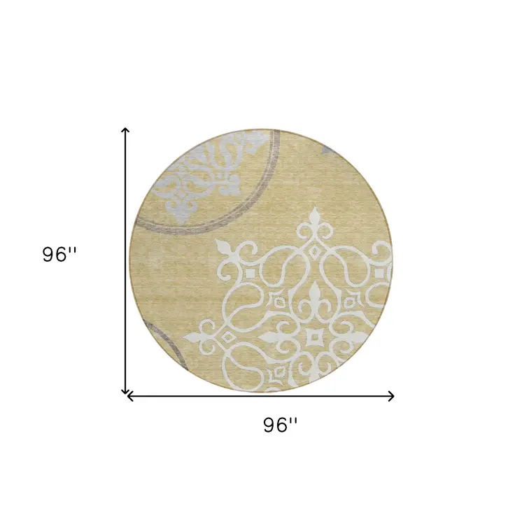 8' Gold Ivory And Gray Round Floral Medallion Washable Indoor Outdoor Area Rug