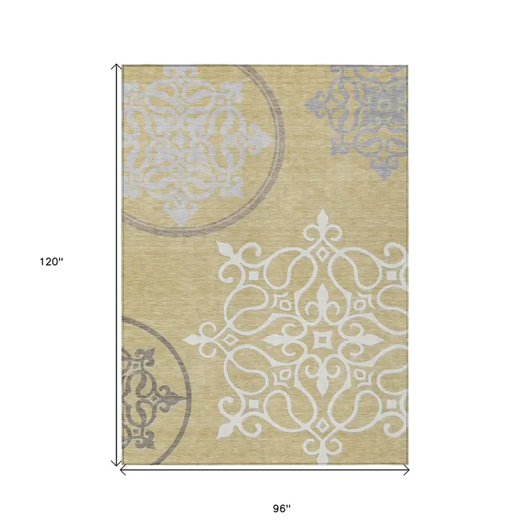 8' X 10' Gold Ivory And Gray Floral Medallion Washable Indoor Outdoor Area Rug