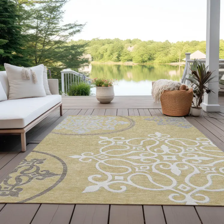 8' X 10' Gold Ivory And Gray Floral Medallion Washable Indoor Outdoor Area Rug