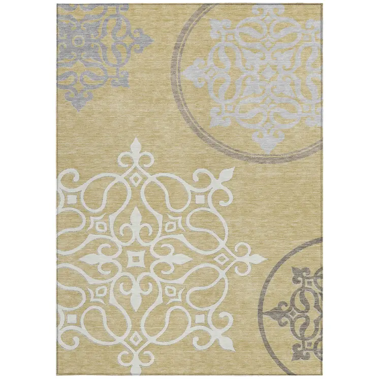 8' X 10' Gold Ivory And Gray Floral Medallion Washable Indoor Outdoor Area Rug