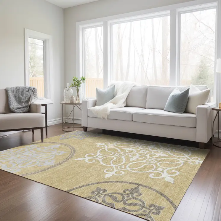 8' X 10' Gold Ivory And Gray Floral Medallion Washable Indoor Outdoor Area Rug
