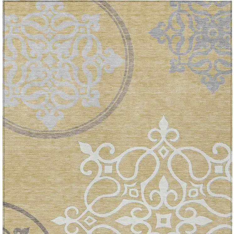 9' X 12' Gold Ivory And Gray Floral Medallion Washable Indoor Outdoor Area Rug