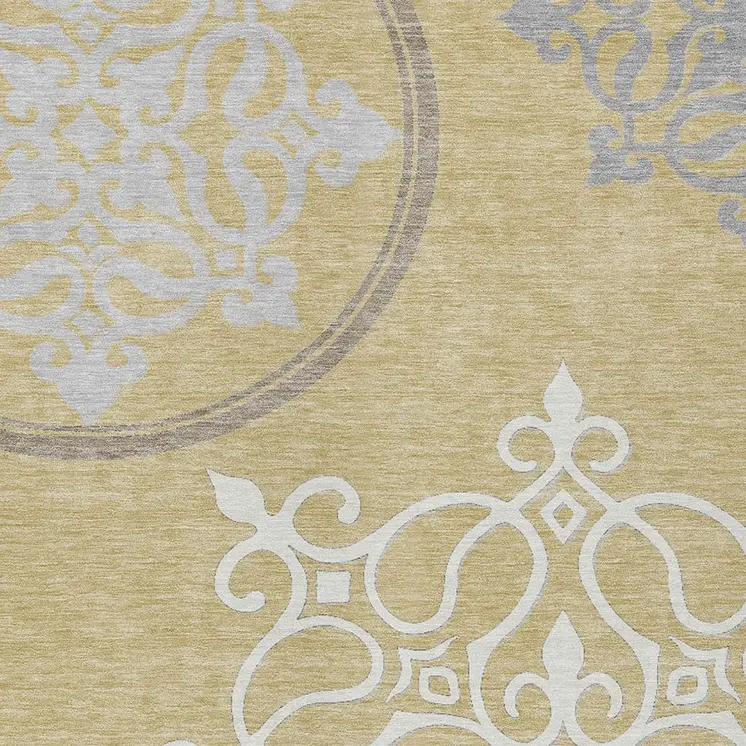 9' X 12' Gold Ivory And Gray Floral Medallion Washable Indoor Outdoor Area Rug