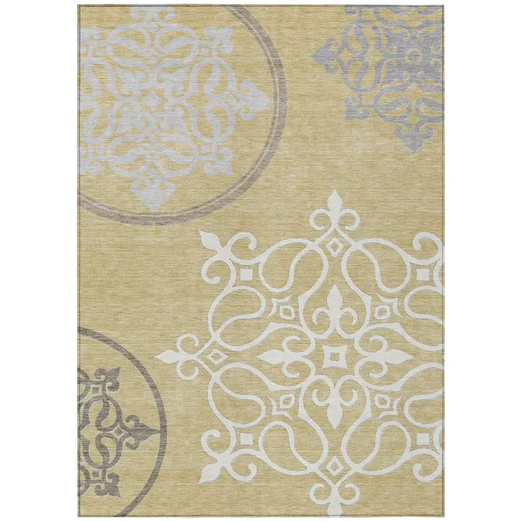 10' X 14' Gold Ivory And Gray Floral Medallion Washable Indoor Outdoor Area Rug