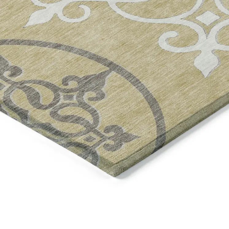 10' X 14' Gold Ivory And Gray Floral Medallion Washable Indoor Outdoor Area Rug