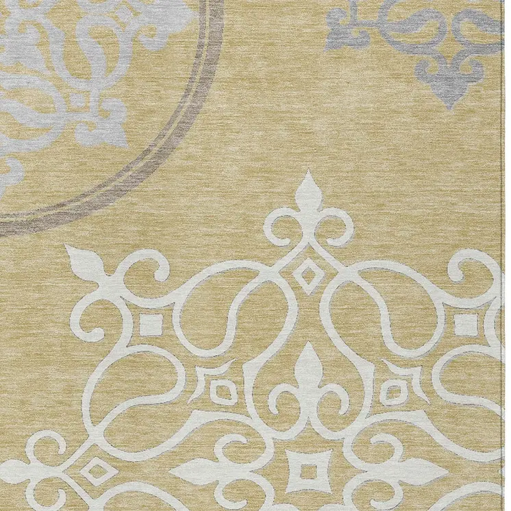 10' X 14' Gold Ivory And Gray Floral Medallion Washable Indoor Outdoor Area Rug