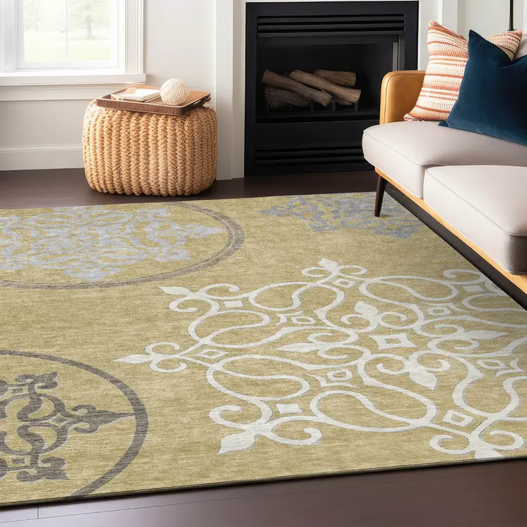 10' X 14' Gold Ivory And Gray Floral Medallion Washable Indoor Outdoor Area Rug