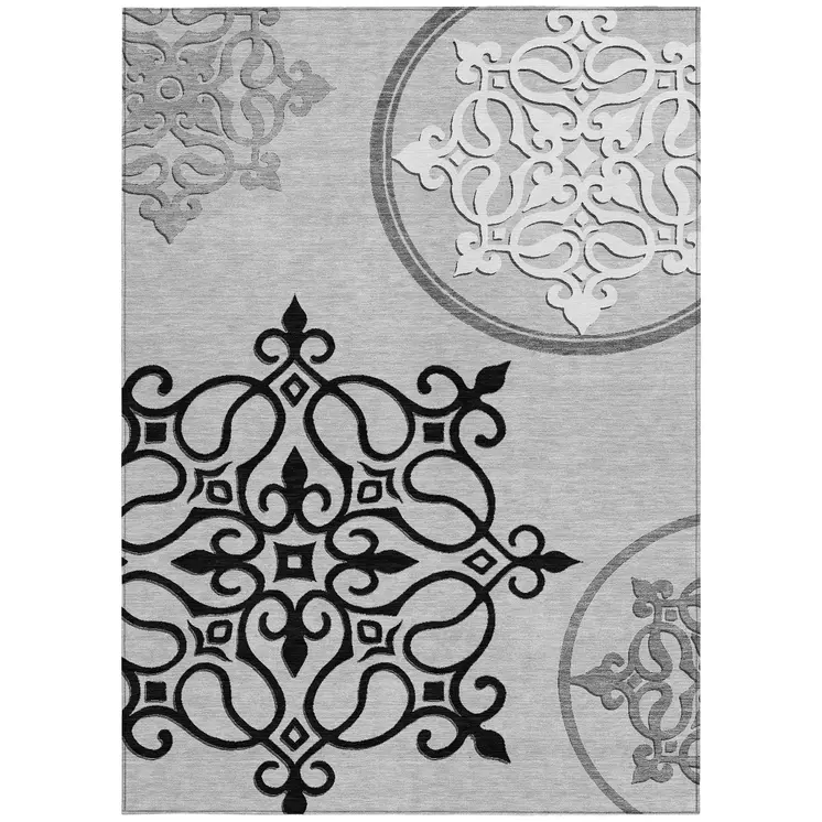8' X 10' Gray Floral Medallion Washable Indoor Outdoor Area Rug