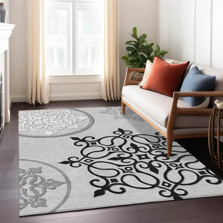 9' X 12' Gray Floral Medallion Washable Indoor Outdoor Area Rug