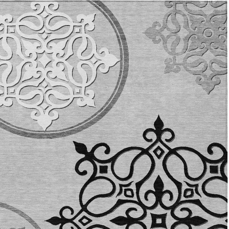10' X 14' Gray Floral Medallion Washable Indoor Outdoor Area Rug