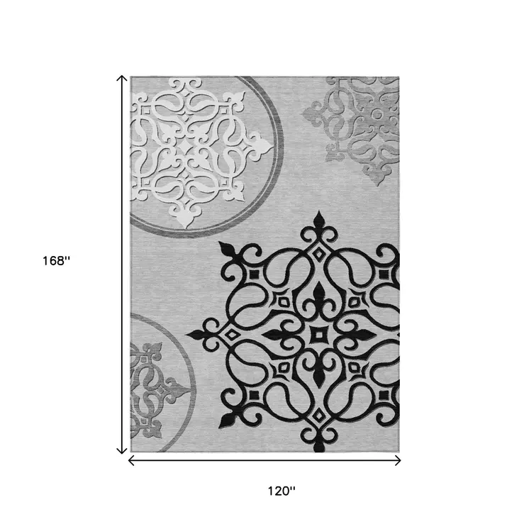 10' X 14' Gray Floral Medallion Washable Indoor Outdoor Area Rug