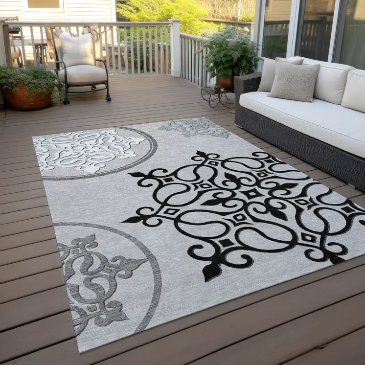 10' X 14' Gray Floral Medallion Washable Indoor Outdoor Area Rug