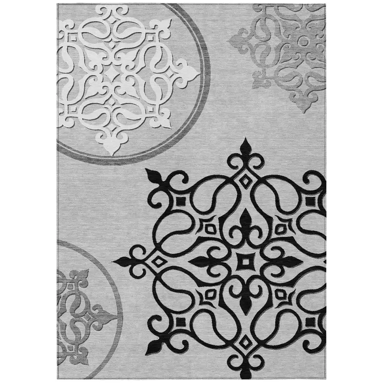 10' X 14' Gray Floral Medallion Washable Indoor Outdoor Area Rug